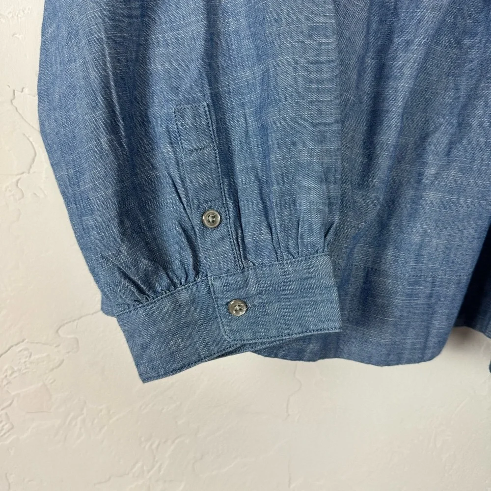 J. Crew Chambray Ruffle Front Button Blouse in Light Blue
